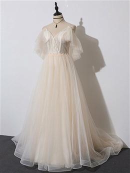 Picture of Ivory Tulle V-neckline Straps Off Shoulder Long Evening Dresses, A-line Formal Dresses Party Dresses